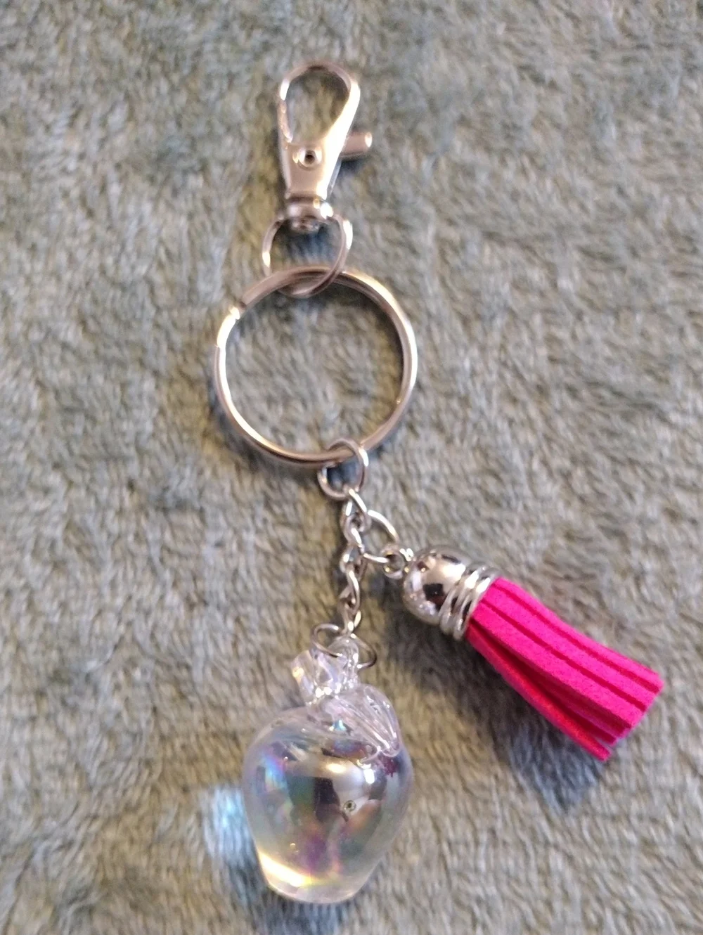 Pink Tassel Keychain with Iridescent Glass Apple Charm